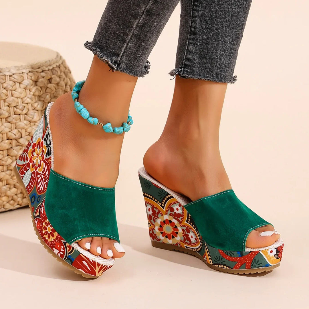 Laerke - Floral Print Wedge Slide Sandals