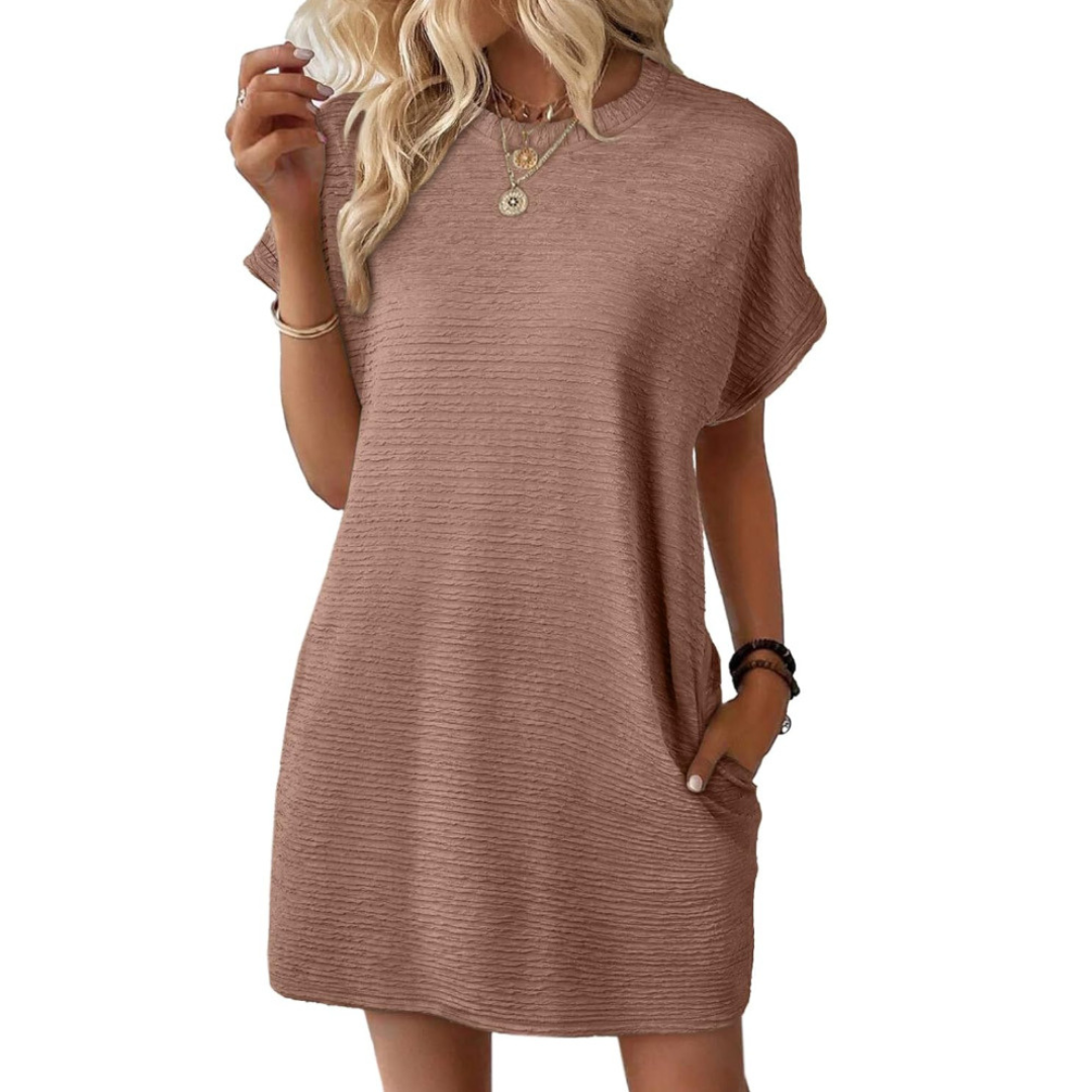 Elviaa - Short Sleeve Textured Pocket Mini Dress