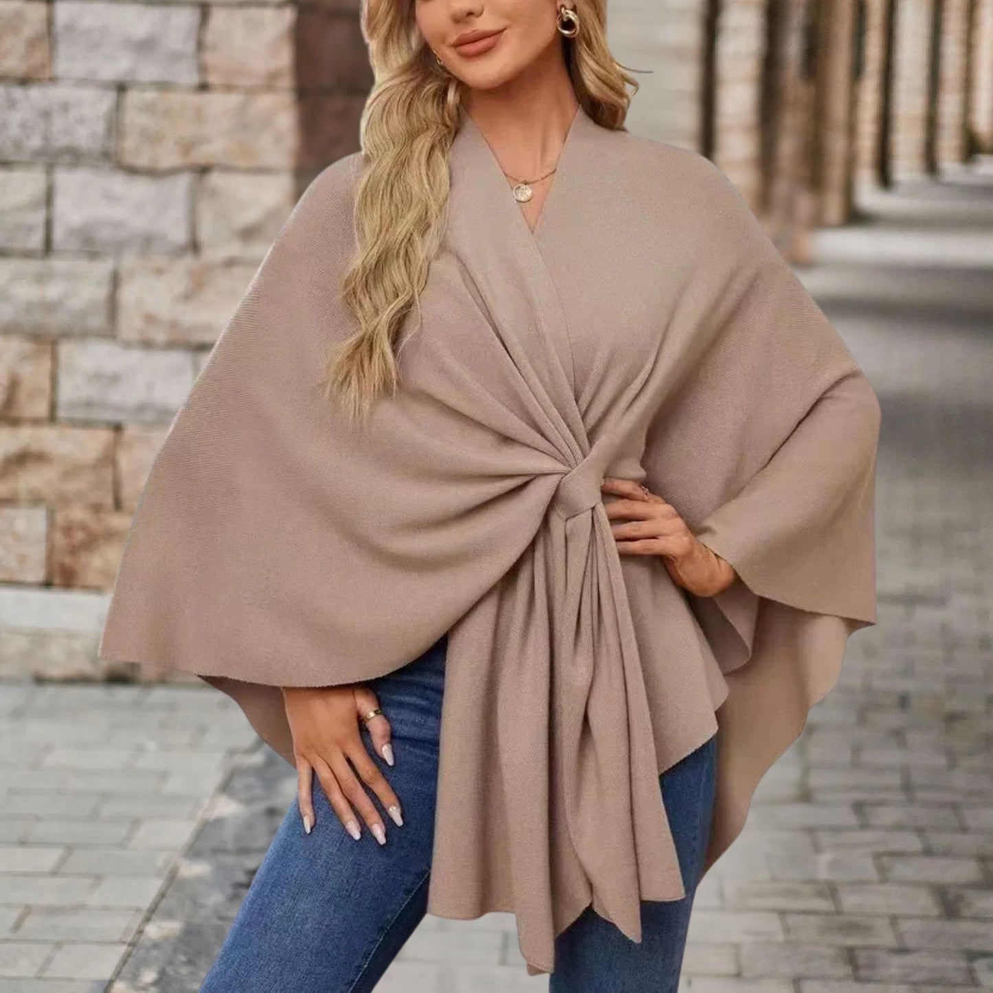 Helin | Knotted Front Wrap Knit Poncho