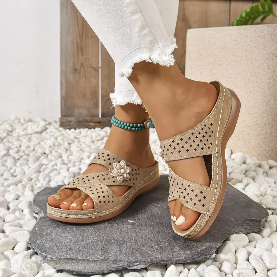 Kristine | Flower Detail Cut-Out Wedge Sandals