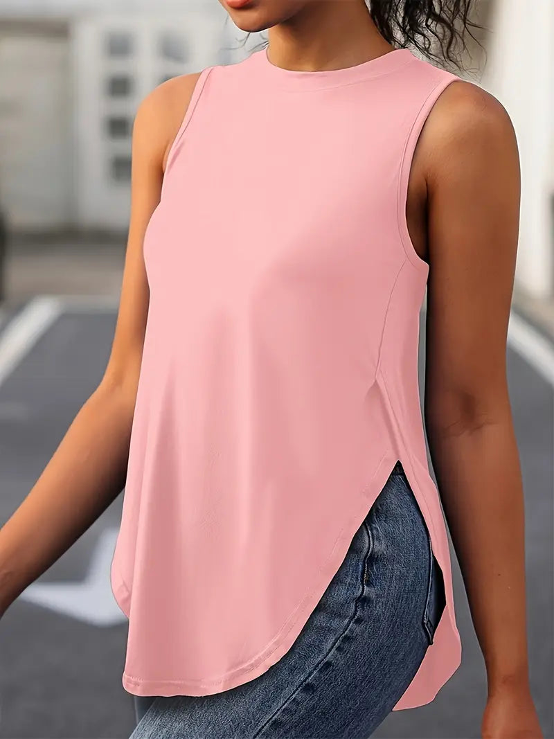 Desirae | Sleeveless Round Neck Curved Hem Top