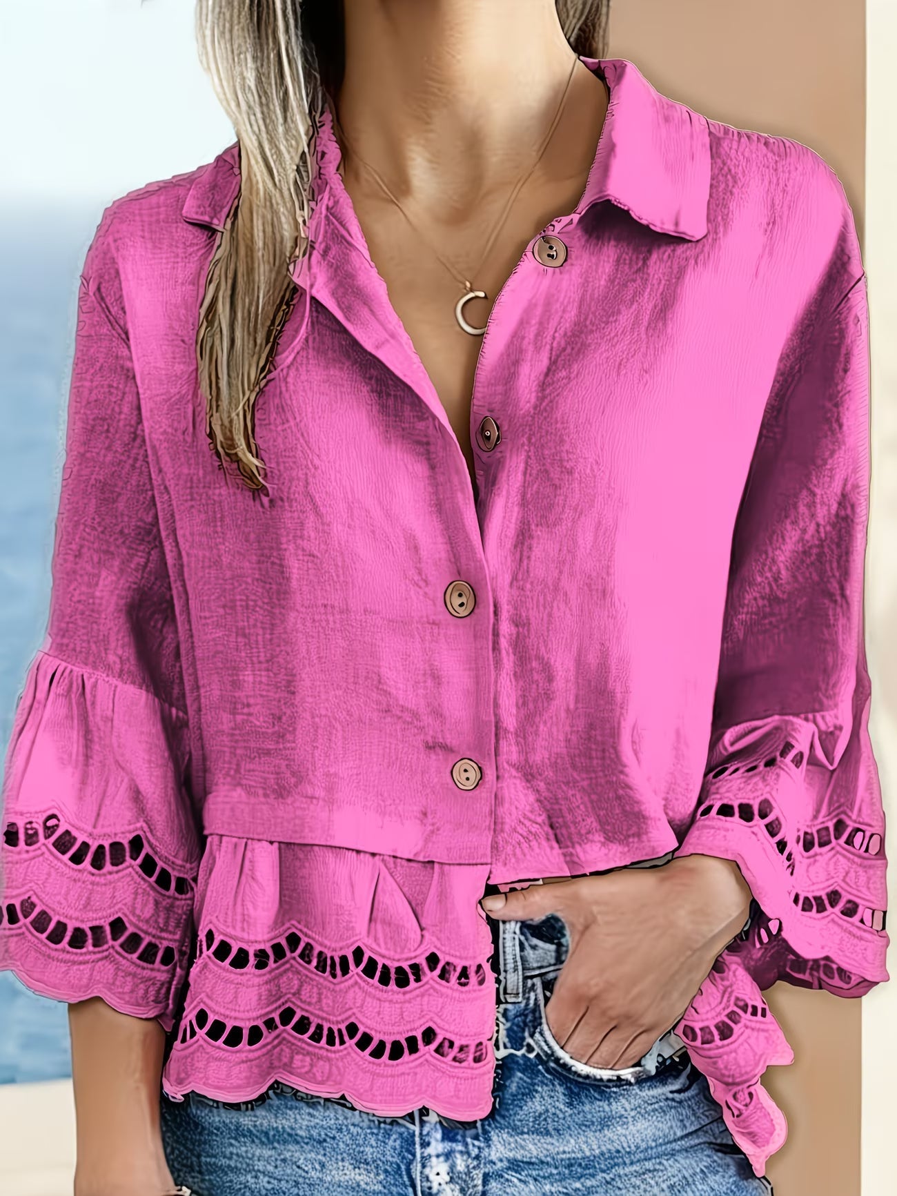 Solenn | Long Sleeve Lace Trim Button Blouse