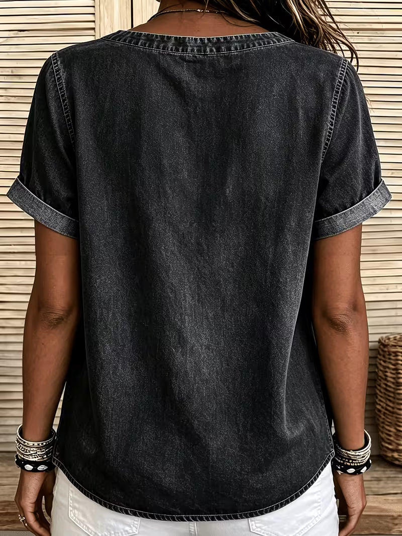 Ferina | Denim Style Short Sleeve Button Top
