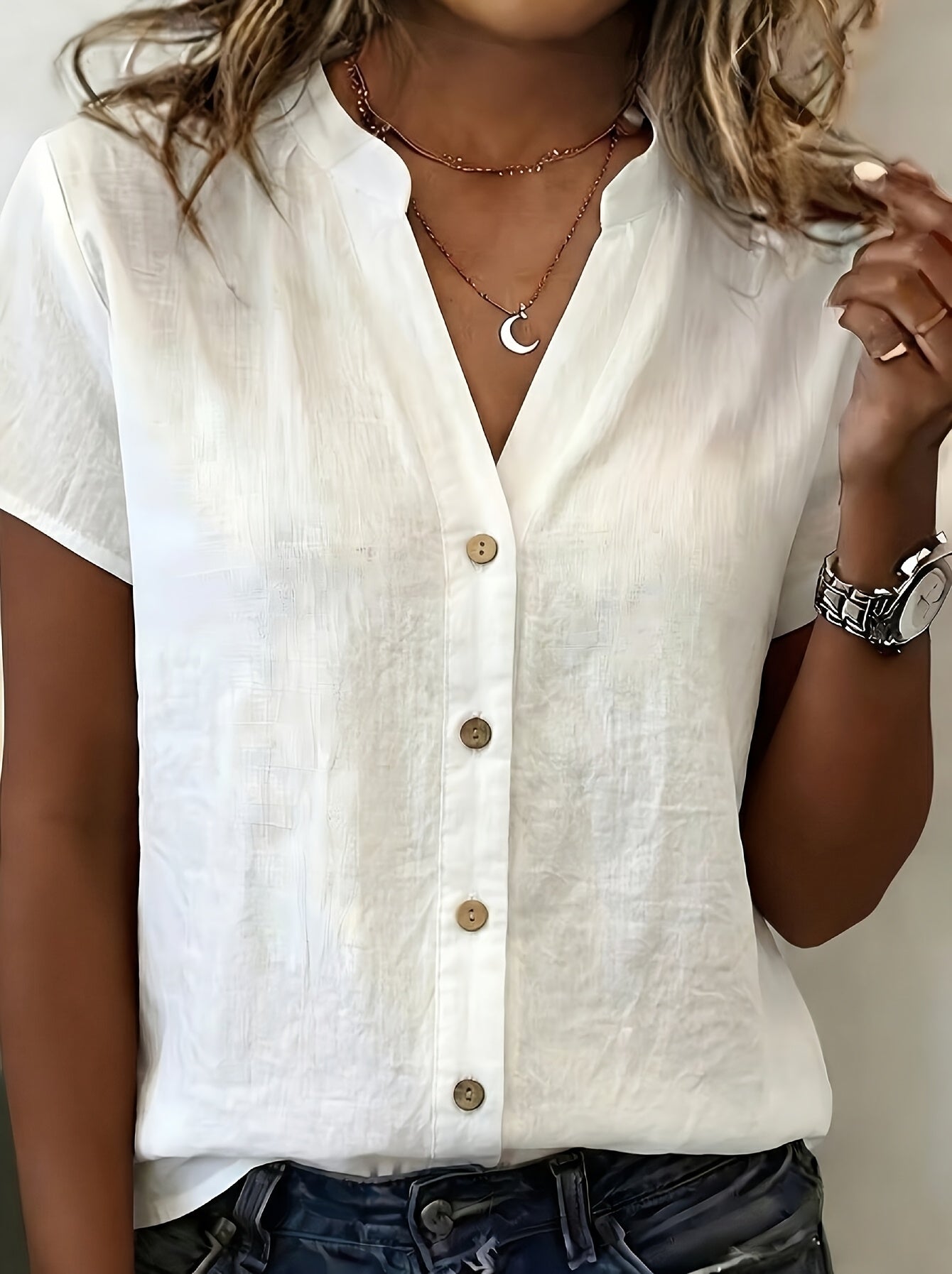 Salish | Short Sleeve Button Front V Neck Blouse
