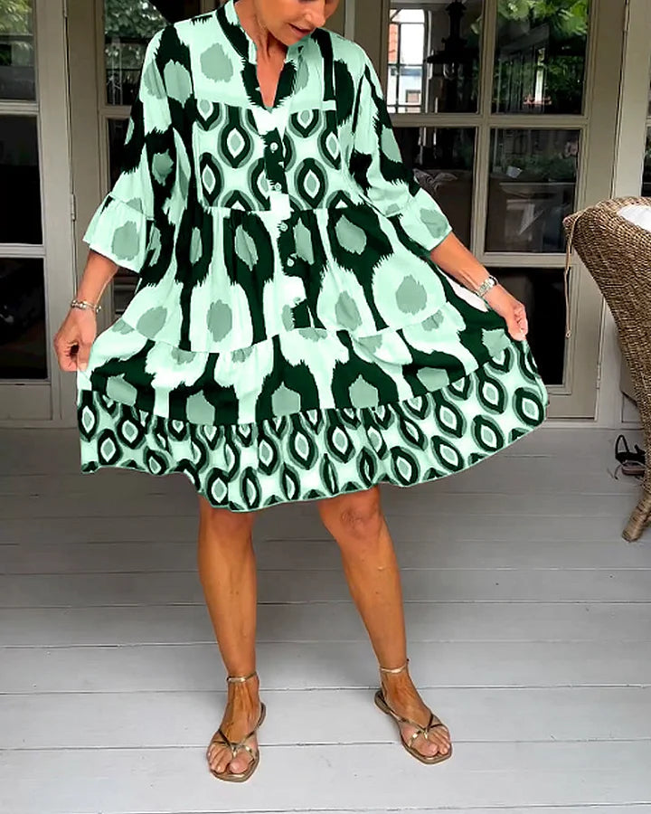 kinza | Printed V Neck Tiered Midi Dress