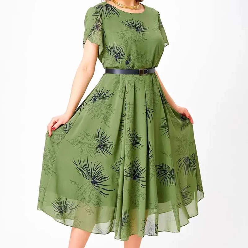 Basma | Green Leaf Print Short Sleeve Midi Dress