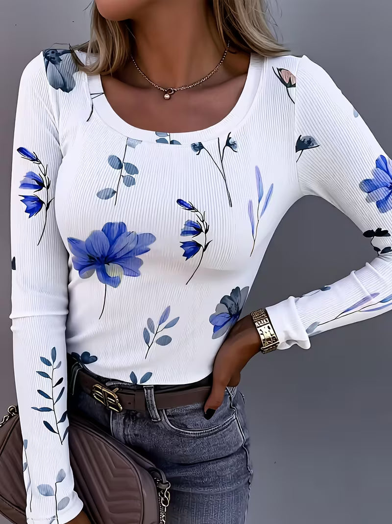 Rabiye | Long Sleeve Floral Print Ribbed Top