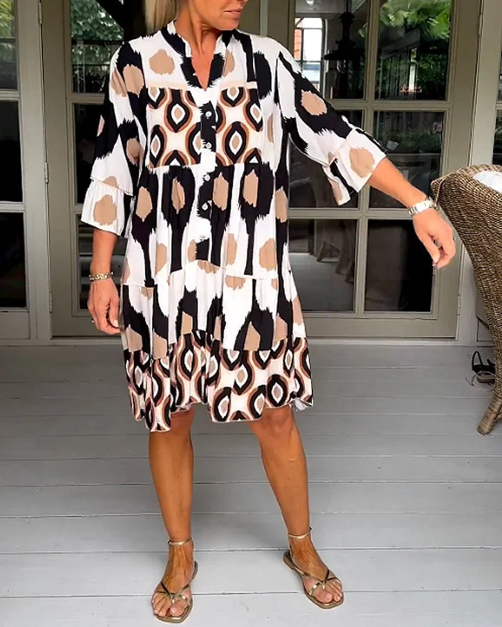 kinza | Printed V Neck Tiered Midi Dress