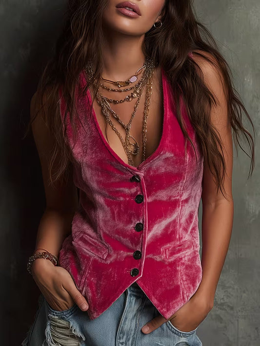 Silje | Velvet-Style Button Front Sleeveless Waistcoat Top