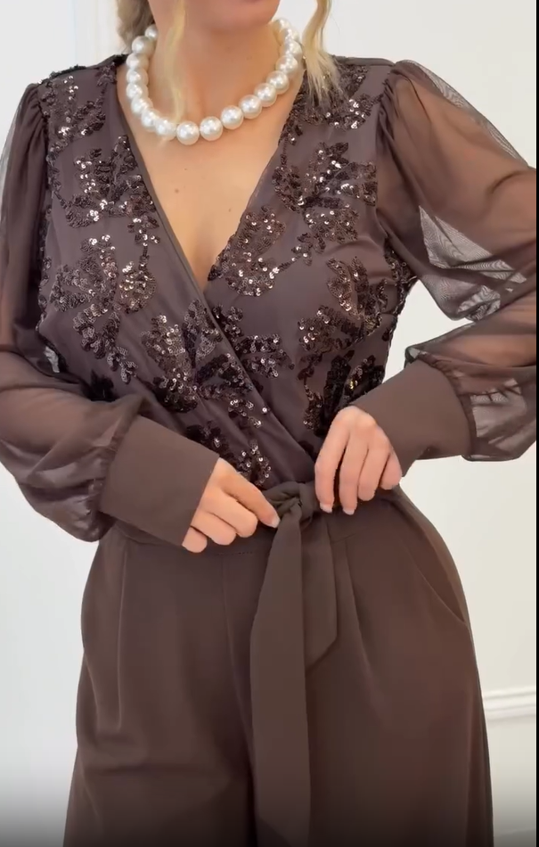 Meira - Mesh Sleeve Embellished Wide Leg Jumpsuit