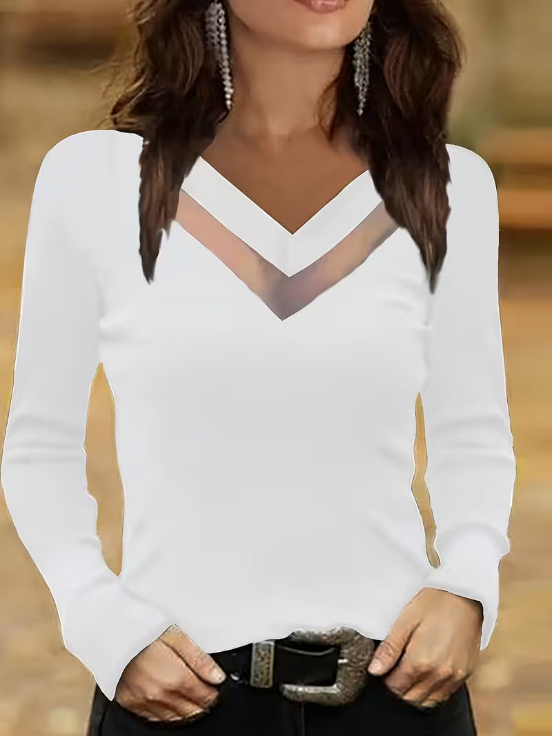 Mesha | Long Sleeve Mesh V Neck Top