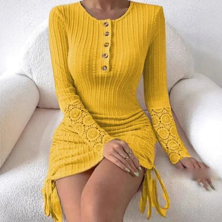Sascha | Ribbed Lace Sleeve Button Front Dress