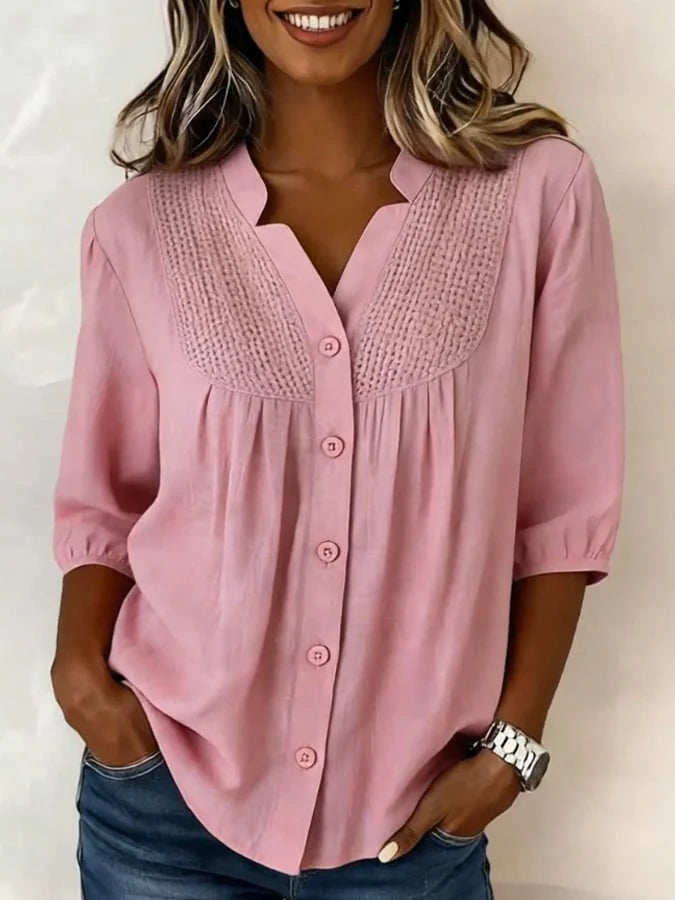 Laadina | Lace Trim Button-Up Linen Blouse