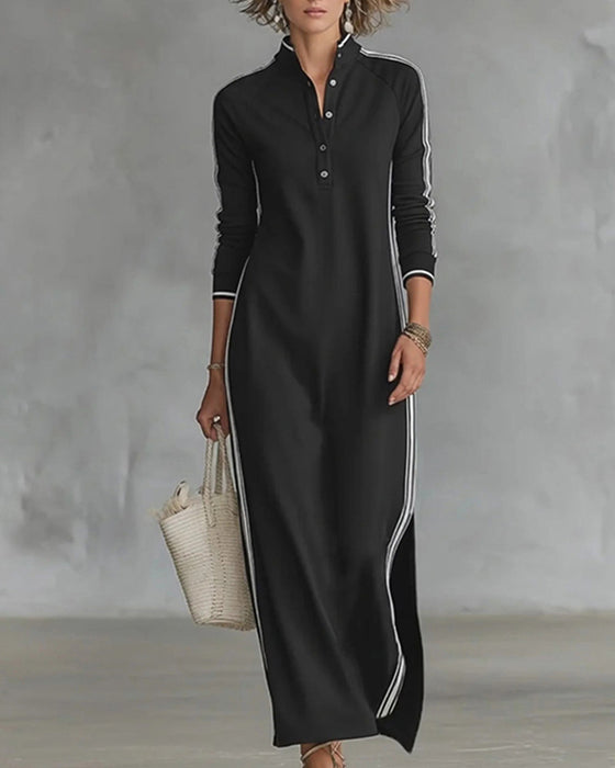 Sirilak | Maxi Dress Black Contrast Stripe Buttoned Neck
