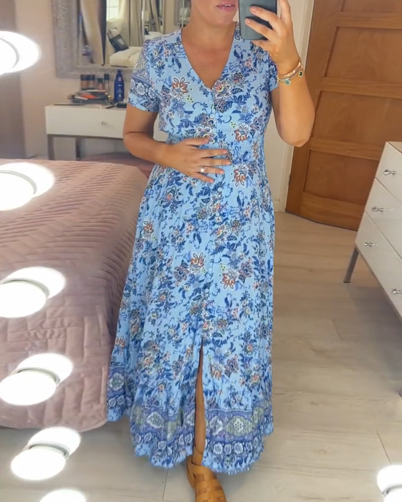 Wibia | Floral Print V-Neck Button Front Midi Dress With Short Sleeves