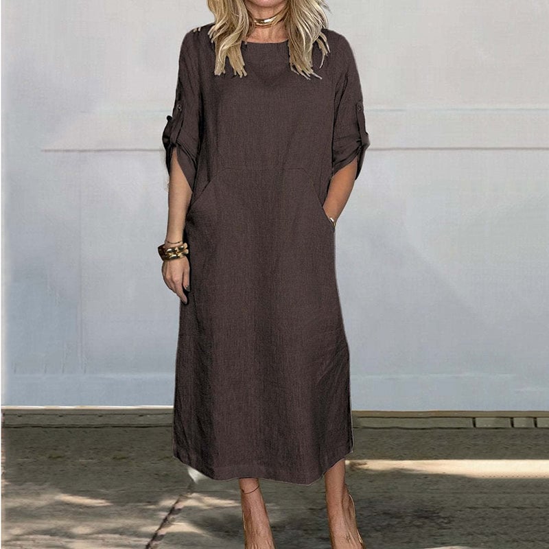 Ericka - Midi Dress Round Neck Rolled Sleeves