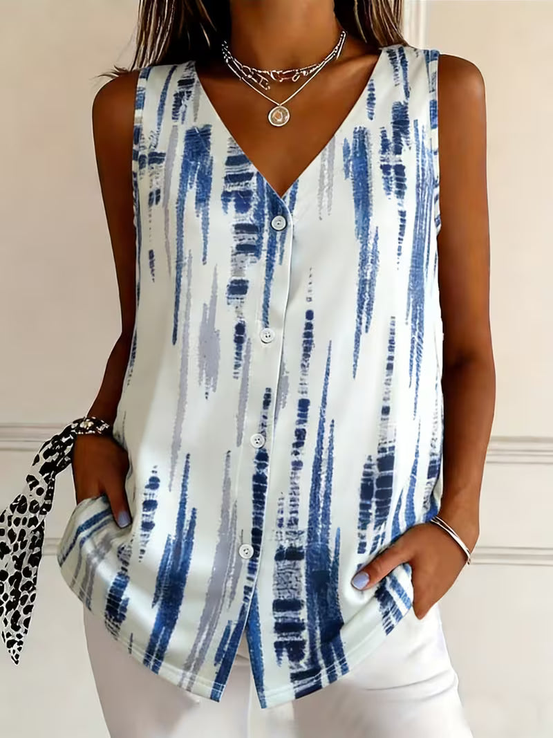 Corinaa | Sleeveless V Neck Printed Button Top