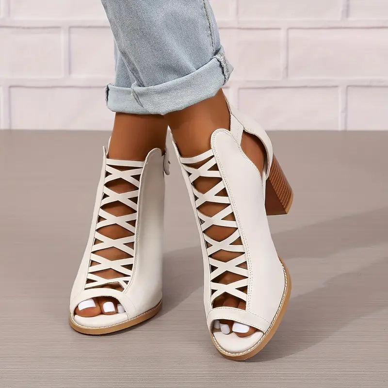 Ruzilya | Chunky Heel Peep Toe Lace-Up Sandals