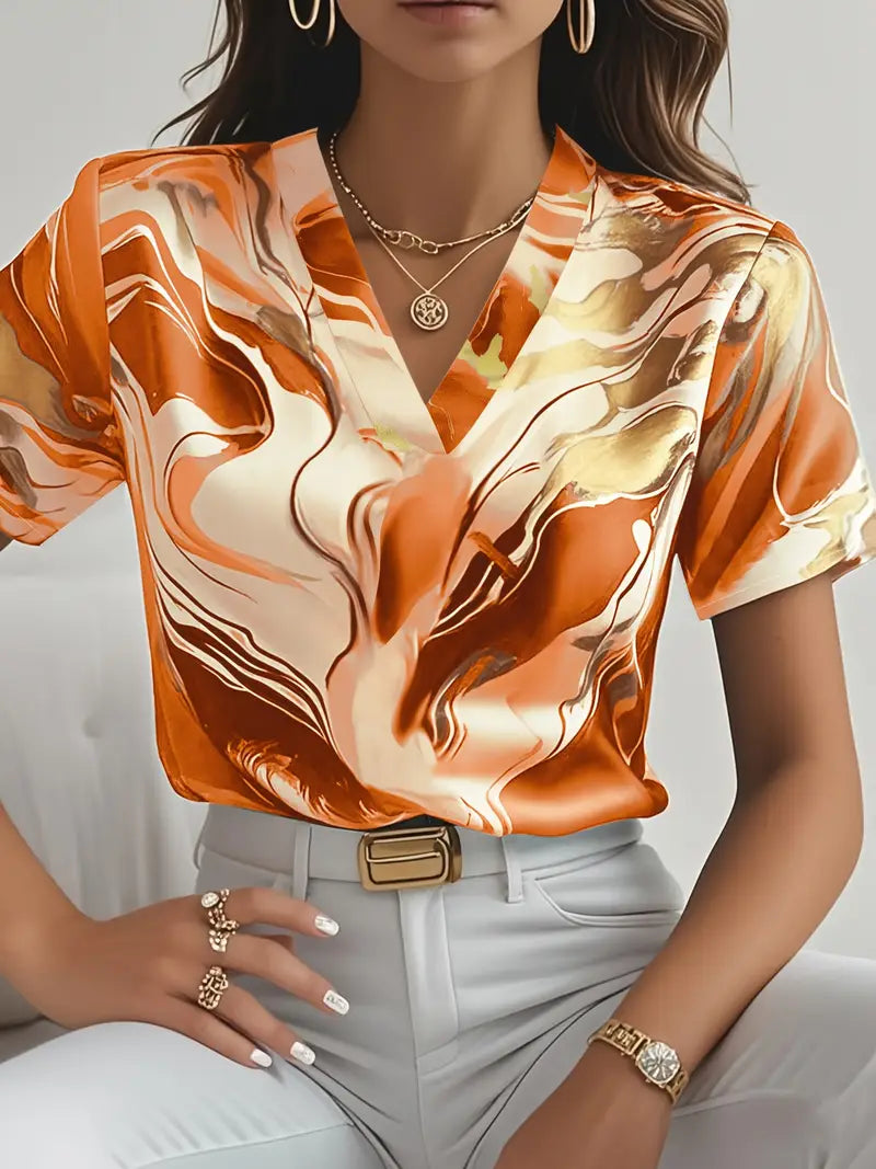 Maroula - Marble Print V Neck Short Sleeve Blouse