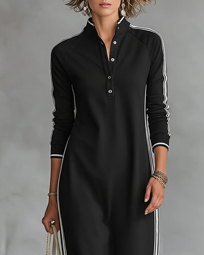 Sirilak | Maxi Dress Black Contrast Stripe Buttoned Neck