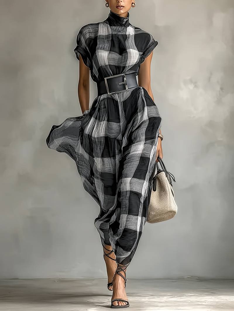 Nethara | High Neck Checked Belted Maxi Dress