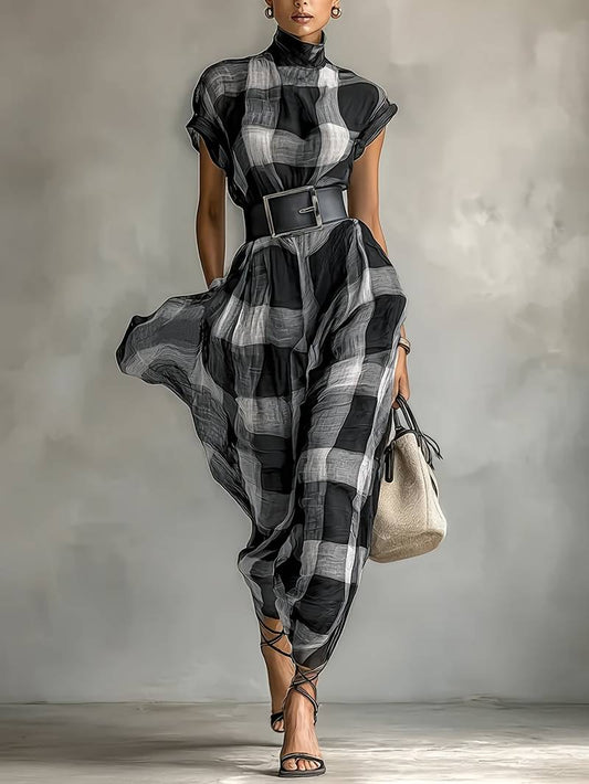 Nethara | High Neck Checked Belted Maxi Dress