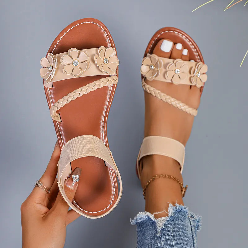 Anke - Floral Strap Flat Sandals Open Toe