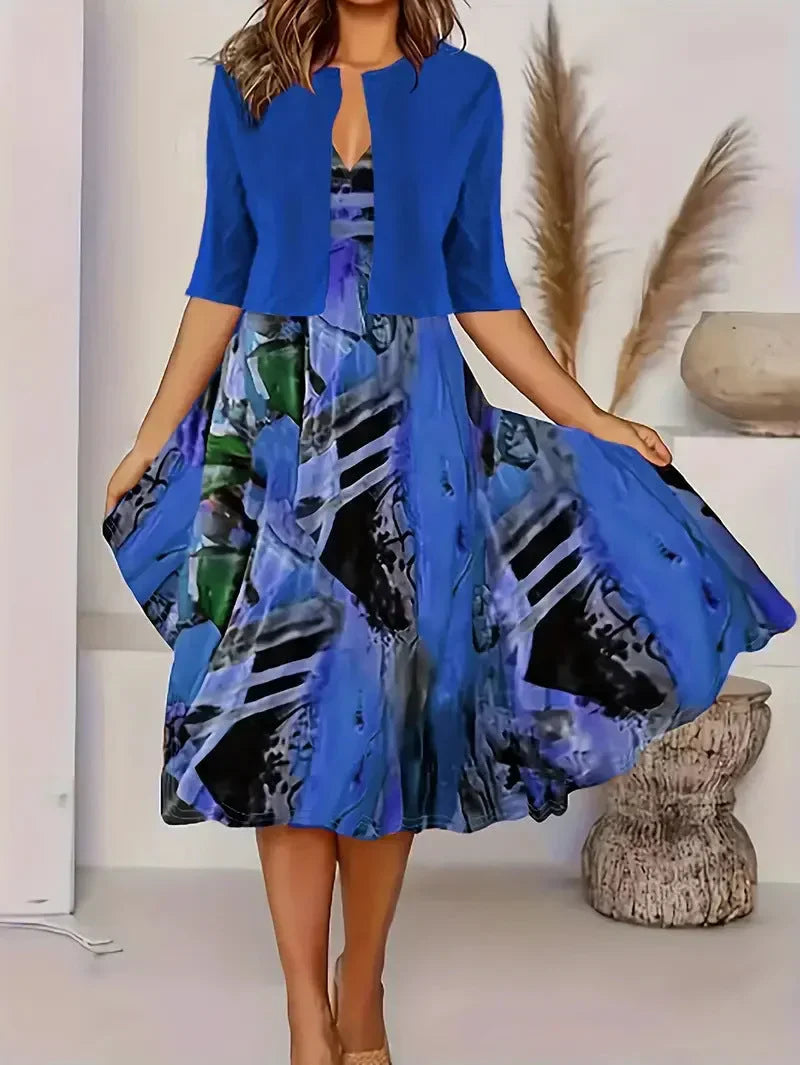 Vainoana | Printed Midi Dress with Open Front Jacket