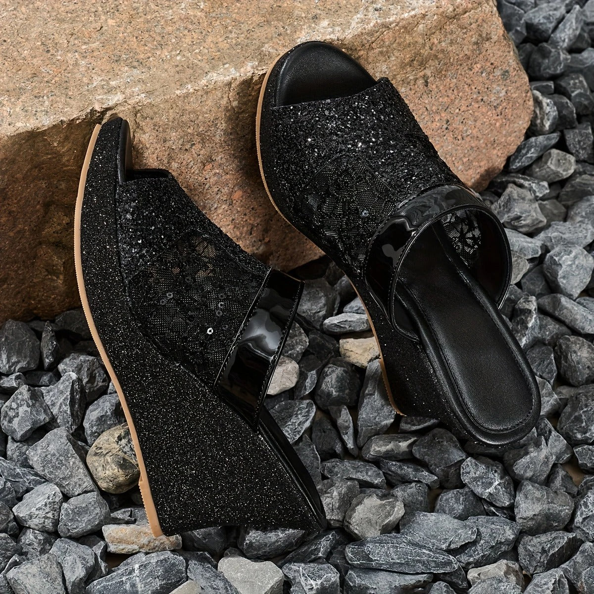 Alexis | Wedge Sandals With Lace Glitter Panel
