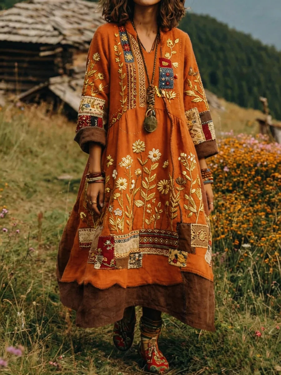 Eresha | Embroidered Boho Patchwork Midi Dress