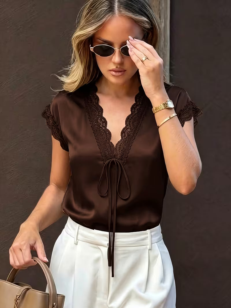 Neeta | Top With Lace-Trim V-Neck Tie Front