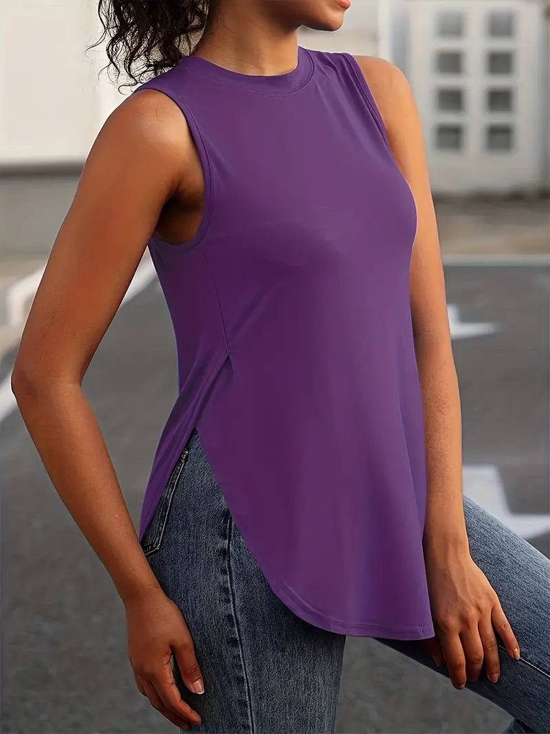 Desirae | Sleeveless Round Neck Curved Hem Top