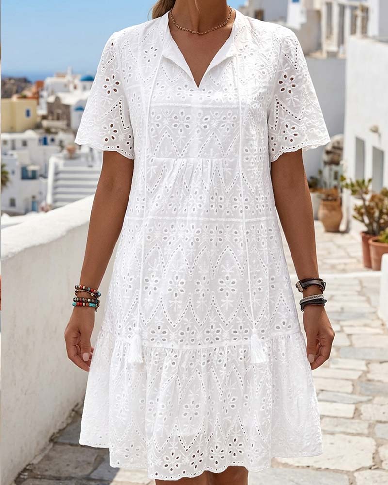 Aphinya | Eyelet Embroidered V-Neck Midi Dress