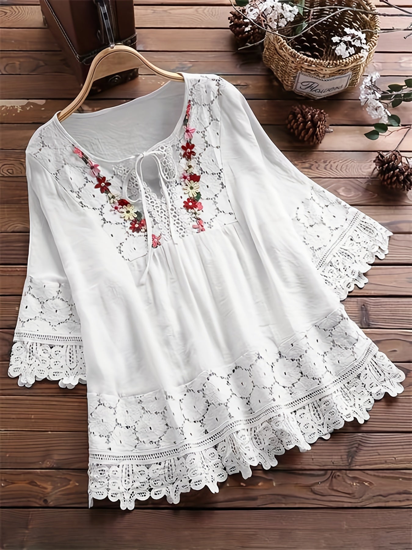 Esmeralda | Lace Trim Embroidered Tie Neck Blouse