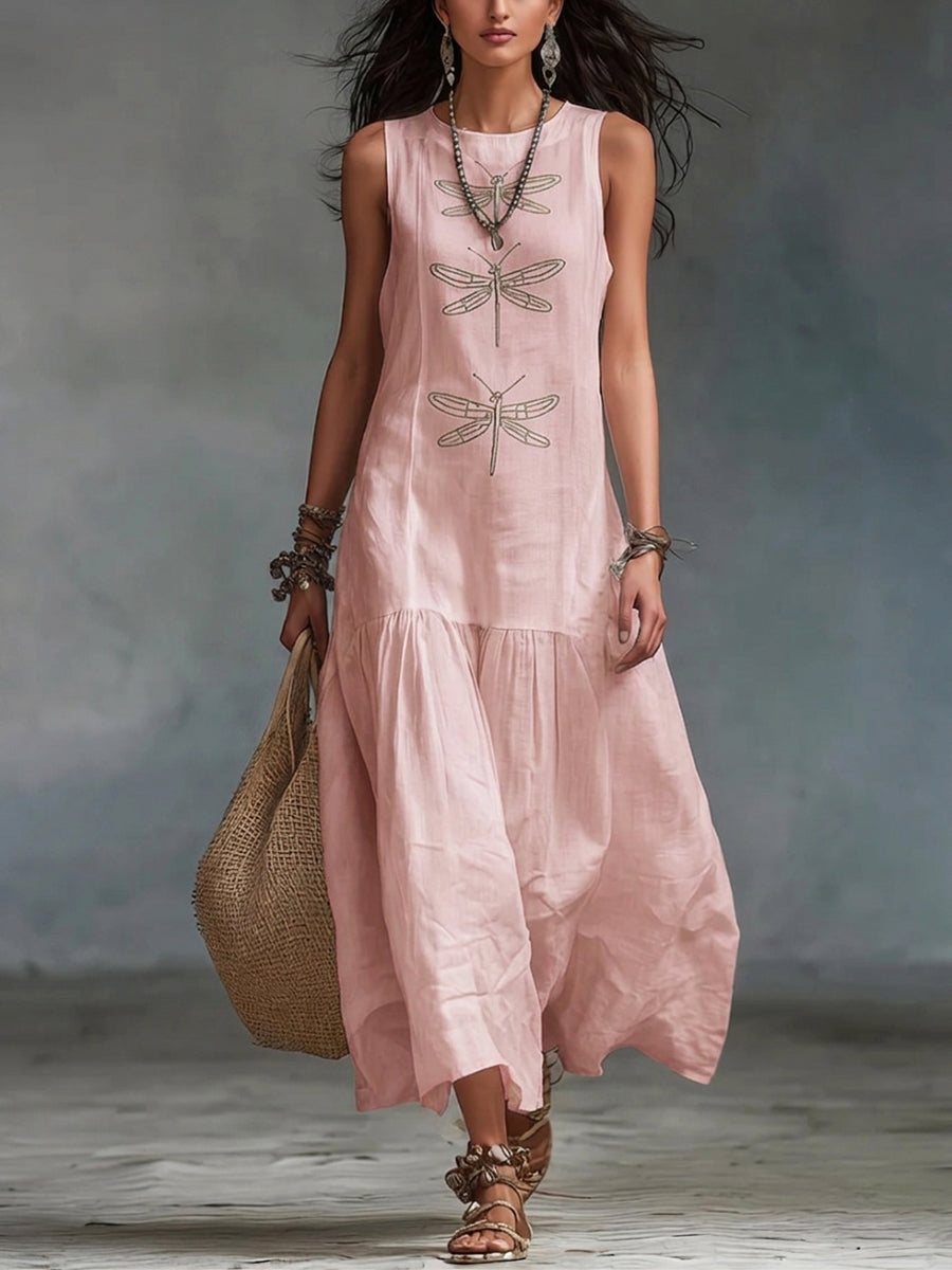 Kevina | Sleeveless Dragonfly Print Tiered Maxi Dress