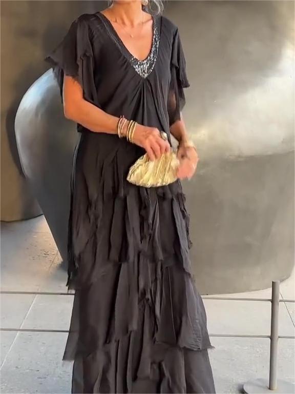 Carlijn | V-Neck Ruffle Maxi Dress Short Sleeve