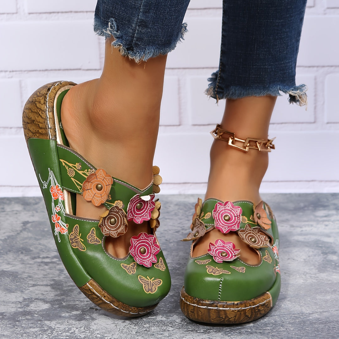 Oprah | Floral Appliqué Closed Toe Slip On Clogs