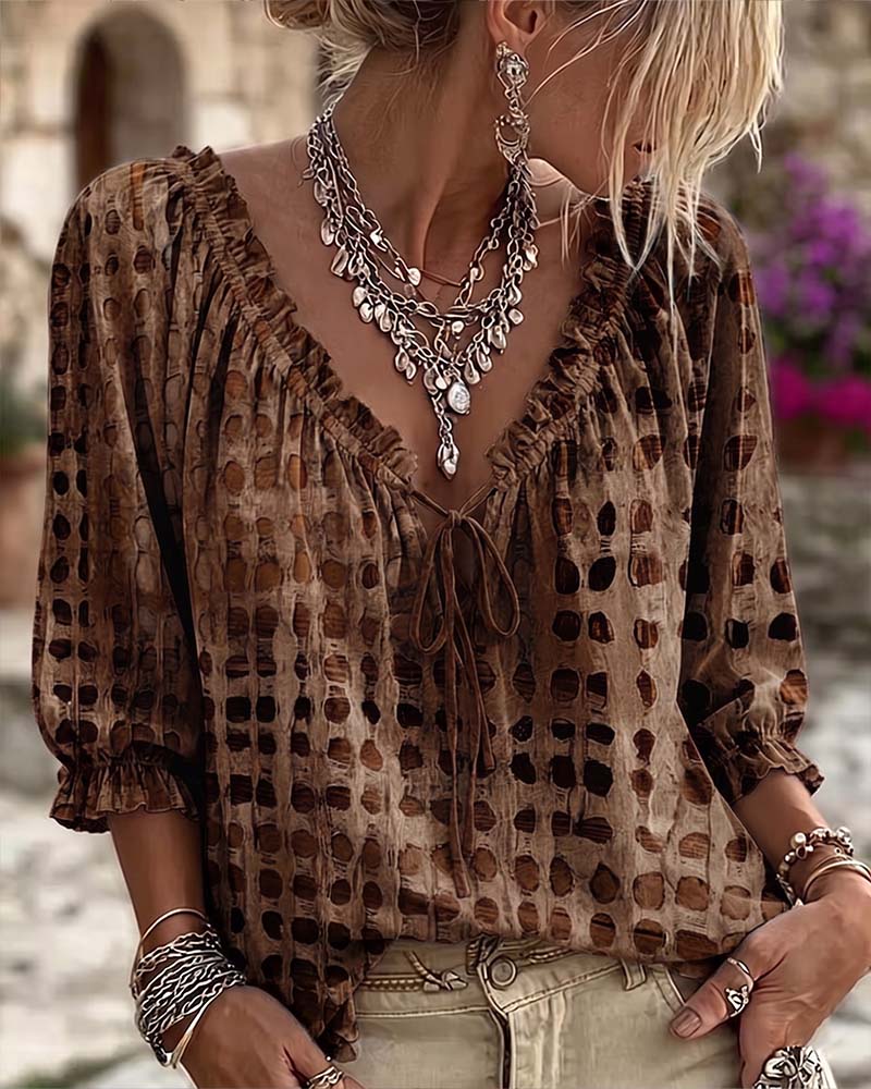 Kesney | V Neck Tie Front Printed Blouse
