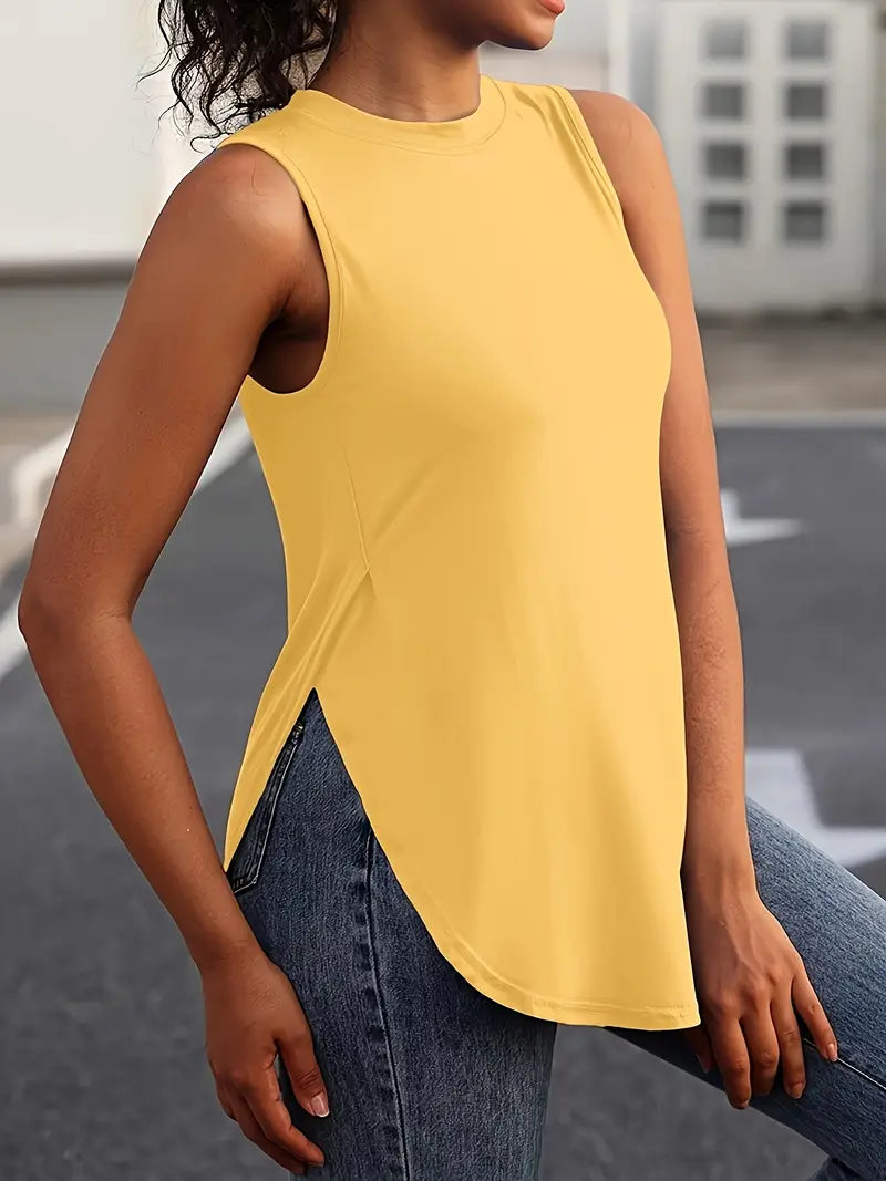 Desirae | Sleeveless Round Neck Curved Hem Top