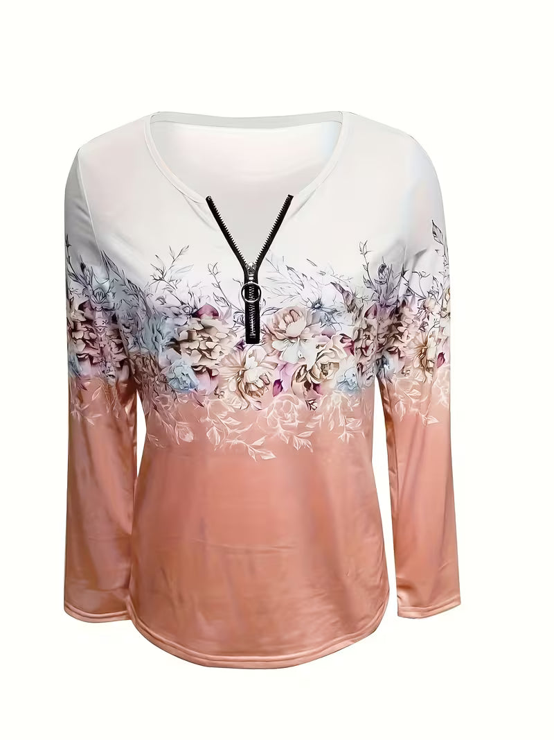 Saskette | Floral Print Top with Zip Neckline