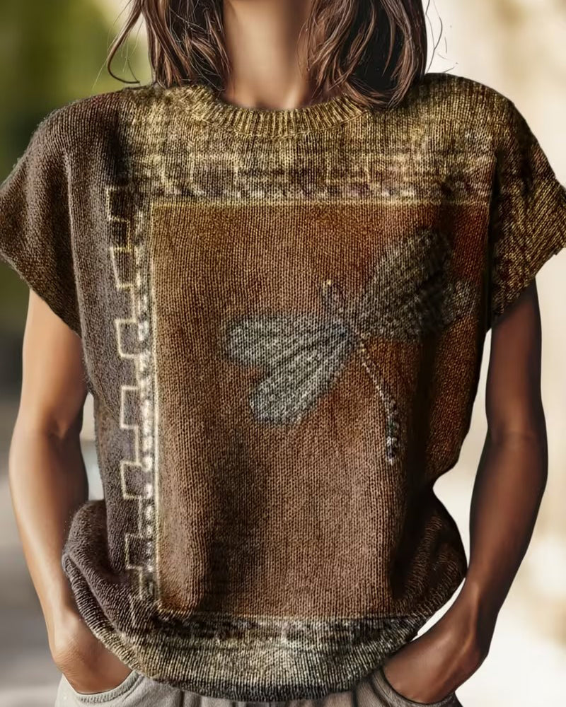 Dyniza - Knitted Sweater Dragonfly Print Short Sleeve