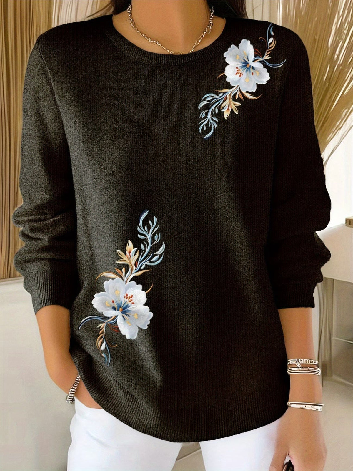 Adelurella | Floral Long Sleeve Jumper with Round Neck