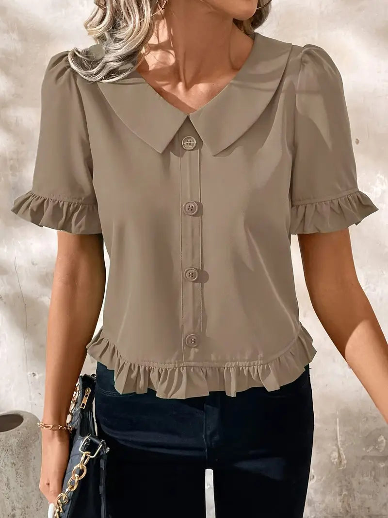 Foteini - Short Sleeve Ruffle Hem Button Blouse