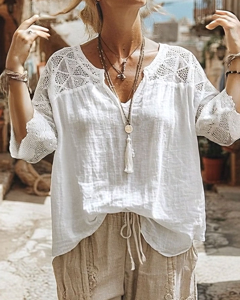 Essien - Lace Sleeve Loose Fit V Neck Blouse