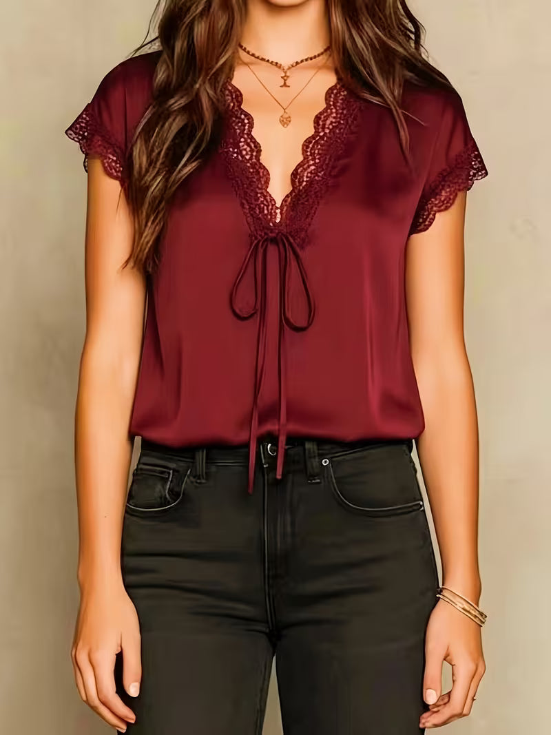 Neeta | Top With Lace-Trim V-Neck Tie Front