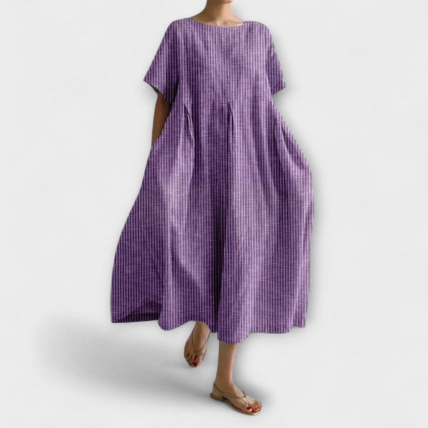 Nurhan | Checked Short Sleeve Midi Smock Dress