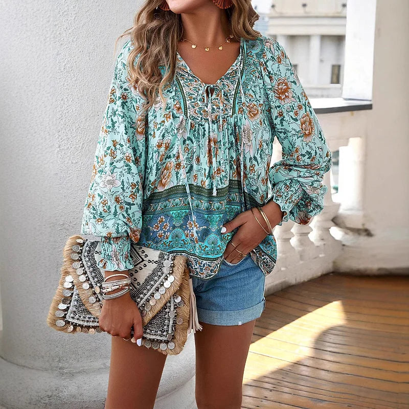 Sallie - Printed Tie Neck Long Sleeve Blouse