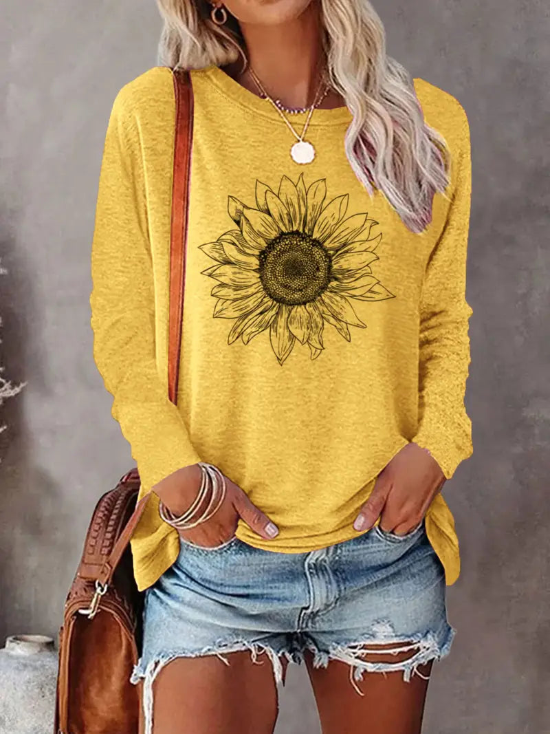 Levine | Long Sleeve Sunflower Print Tunic Top