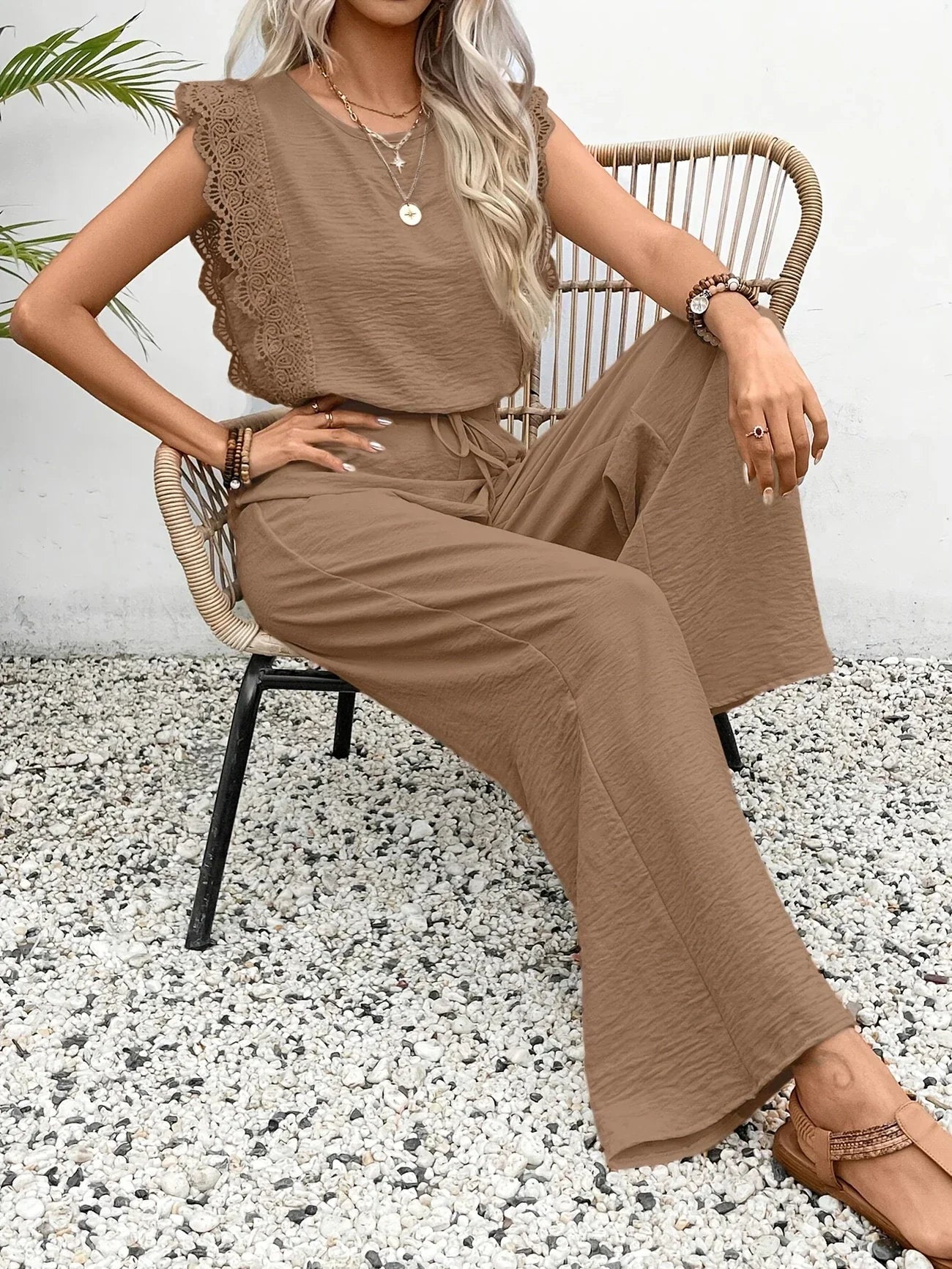 Ziva | Sleeveless Lace Trim Trouser Set