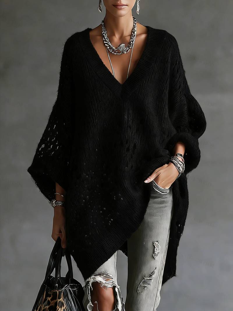 Bimashi | V Neck Oversized Knitted Poncho Sweater